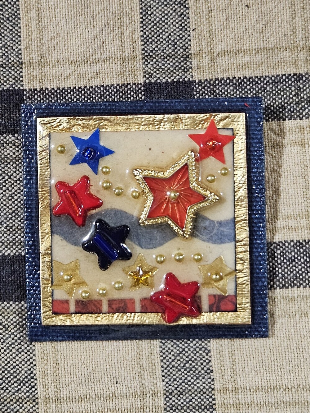 Jan Eskedal Silver Lake Studios Square Decoupage Patriotic Stars Brooch Pin EUC